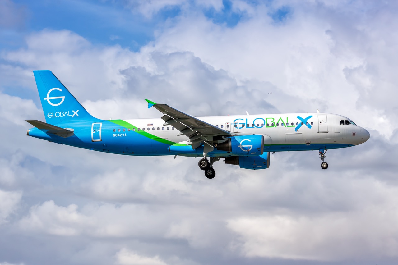 Global X Airbus A320 airplane at Miami Airport in the United States