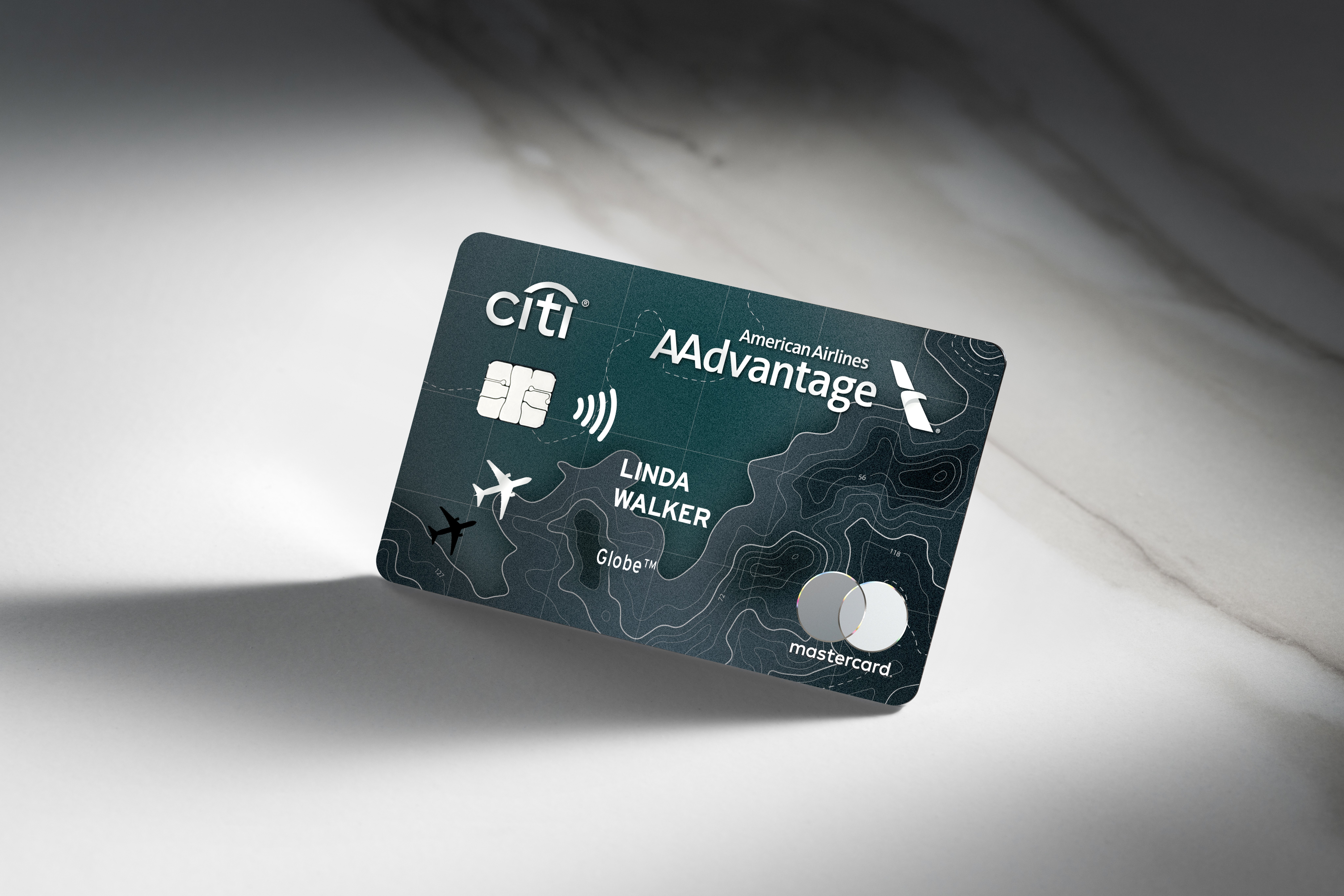 Citi AAdvantage Globe Mastercard credit card with American Airlines logo, displayed on a clean background.