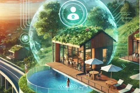 the integration of technology and eco-friendly travel trends, showcasing a vibrant and aspirational travel experience