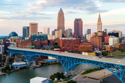 Cleveland City skyline with Cleveland river running in front of it. 