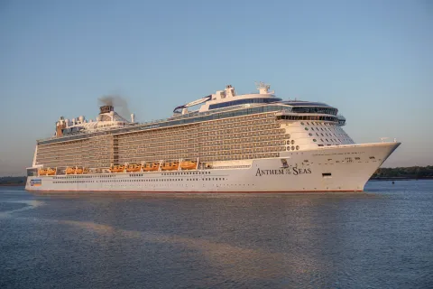 Anthem of the Seas cruise ship on voyage from port of Southampton. Huge Royal Caribbean passenger cruise vessel