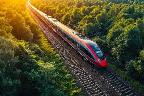 The high-speed train is driving at full speed thru the forest.