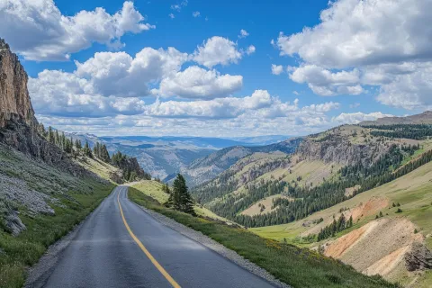 The scenic Beartooth Highway leading to Yellowstone with panoramic views of the surrounding wilderness.