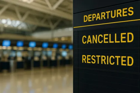 flight departure board at international airport showing cancelled and restricted flights due to airspace closure and global travel disruption