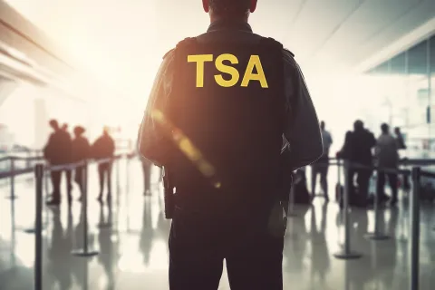 TSA officer wearing a black vest displaying the TSA logo, overseeing the security checkpoint with travelers in background