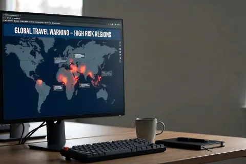 Urgent Travel Warning High Alert Level Issued: Global Risk Regions Displayed on a Computer Monitor for International Assessment.