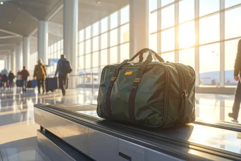A green duffel bag on airport baggage claim carousel