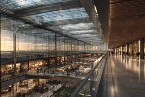 Modern Airport Terminal Interior with Glass Architecture and Retail Spaces
