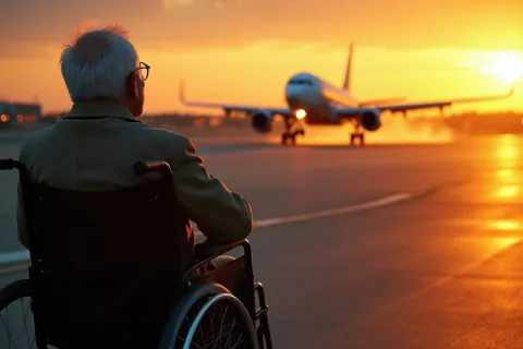 Disabled Traveler looks at plane on tarmac