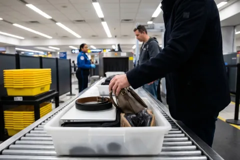 Person Places Personal Items in Security Bin at Airport Tsa Checkpoint for Screening