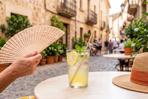 Cold lemonade with mint, straw hat, and hand fan on outdoor cafe table during European heatwave in a historic Mediterranean street.