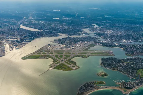 aerial view of the area around Boston and "Edward Lawrence Logan International Airport" with runway environment