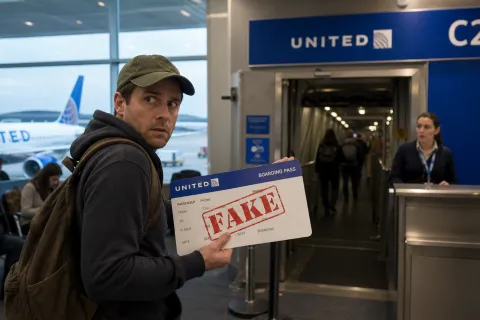 A man sneaks on a united flight with a fake boarding pass AI generated