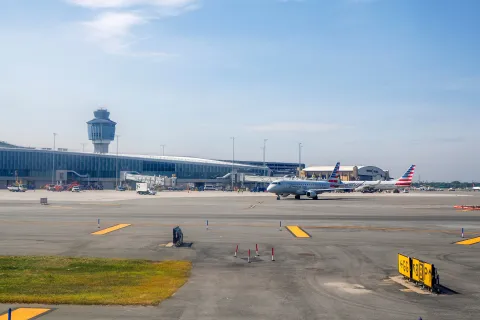 NEW YORK, USA - AUGUST 29 2024 - La Guardia Airport view from airplane before taking off