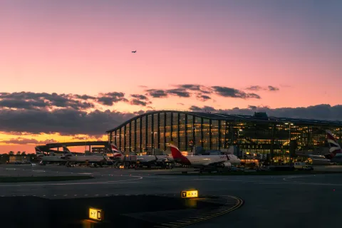 Sunset over Terminal 5 at London Heathrow airport, UK