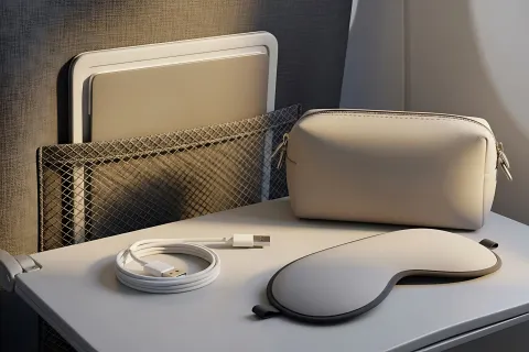 An organized airplane seat pocket featuring a travel amenity kit, a sleep mask, and a charging cable on a tray table, ideal for modern long-haul flight