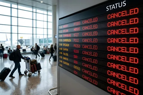 Digital airport flight information display board showing canceled status for multiple international airline departures