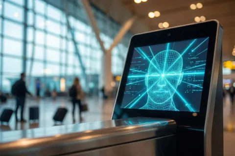 Futuristic biometric check kiosk with facial recognition scanning animation in a modern airport terminal.