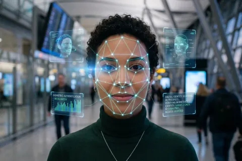 Advanced facial recognition technology digitally authenticates a woman's identity in a high-tech airport terminal,