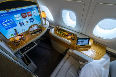 Interior and seat of the first class passengers of the world's largest aircraft Airbus A380. Emirates Airline.