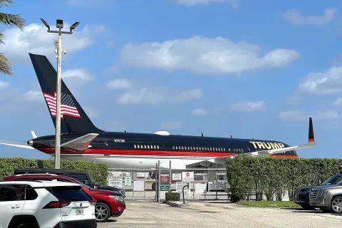 President Donald Trump's private jet on the Palm Beach International Airport tarmac in West Palm Beach, Florida, USA.