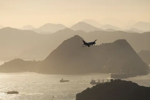 Airplane preparing to land on the Santos Dumont airport from Rio de Janeiro. 