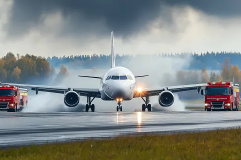 Type to edit Change background Remove background Expand image Animate image Change mood Change color Airplane emergency landing runway fire trucks smoke aviation safety AI generated