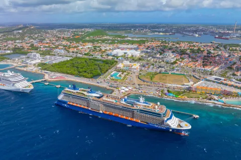 Celebrity Cruise Reflection aerial view docked at Curacao Cruise Terminal in Otrobanda, city of Willemstad, Curacao.