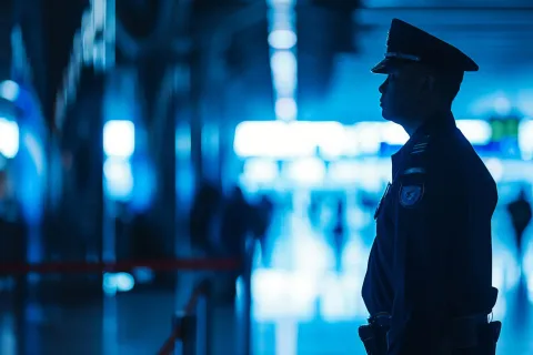 Silhouette of a security guard or police officer in a dark blue uniform in a public building. Concept of safety and protection.