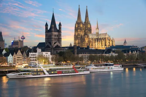 Aerial view Cologne over the Rhine River with cruise ship in Cologne, Germany
