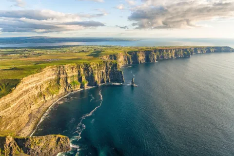 Aerial birds eye drone view from the world famous cliffs of moher in county clare ireland. Scenic Irish rural countryside nature along the wild atlantic