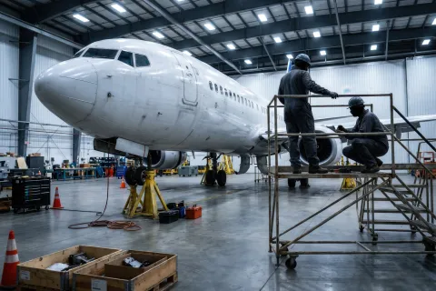 airliner nose on jacks maintenance hangar technicians on scaffold 737 deep aircraft on wide view