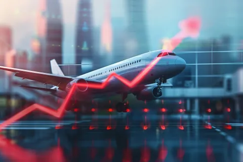 Conceptual image of rising airfare driven by higher fuel prices, with an airplane silhouette above stacked coins and an upward red graph line against a blurred city