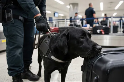 Customs office agent with drug detector dog sniffing luggage at airport. Security control procedure to prevent illegal contraband smuggling. 