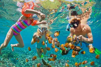 Family Snorkeling with fish
