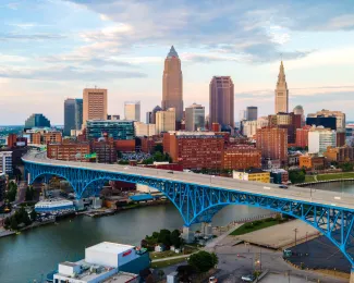 Cleveland City skyline with Cleveland river running in front of it. 