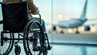 man sitting in wheelchair looking through window at airplane on the tarmac