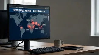 Urgent Travel Warning High Alert Level Issued: Global Risk Regions Displayed on a Computer Monitor for International Assessment.