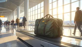 A green duffel bag on airport baggage claim carousel