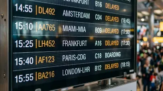 Airport departure board displaying delayed flight status