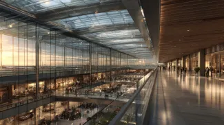 Modern Airport Terminal Interior with Glass Architecture and Retail Spaces