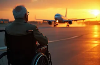 Disabled Traveler looks at plane on tarmac