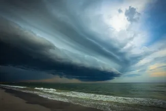 Imposing and dramatic storm clouds above a beach on Florida's Gulf Coast