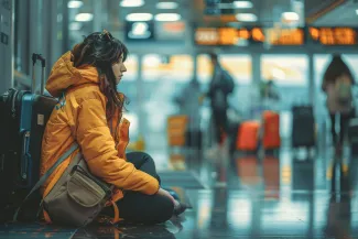 An airport passenger is distressed and exhausted while waiting for a flight delay or cancellation with their baggage.