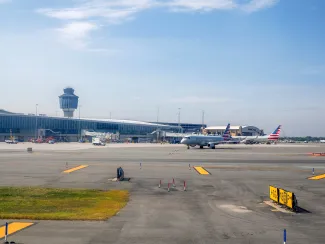 NEW YORK, USA - AUGUST 29 2024 - La Guardia Airport view from airplane before taking off
