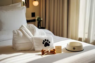 Pet-friendly hotel room amenities for dogs on a cozy bed