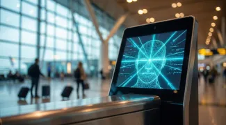 Futuristic biometric check kiosk with facial recognition scanning animation in a modern airport terminal.
