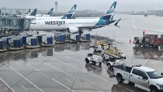Westjet planes parked at Toronto Pearson International Airport terminal.