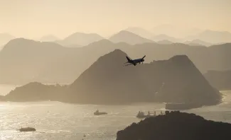 Airplane preparing to land on the Santos Dumont airport from Rio de Janeiro. 