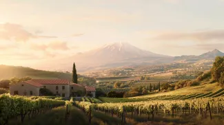 Mt Etna Overlooking Sicilian Countryside with Vineyards and Buildings